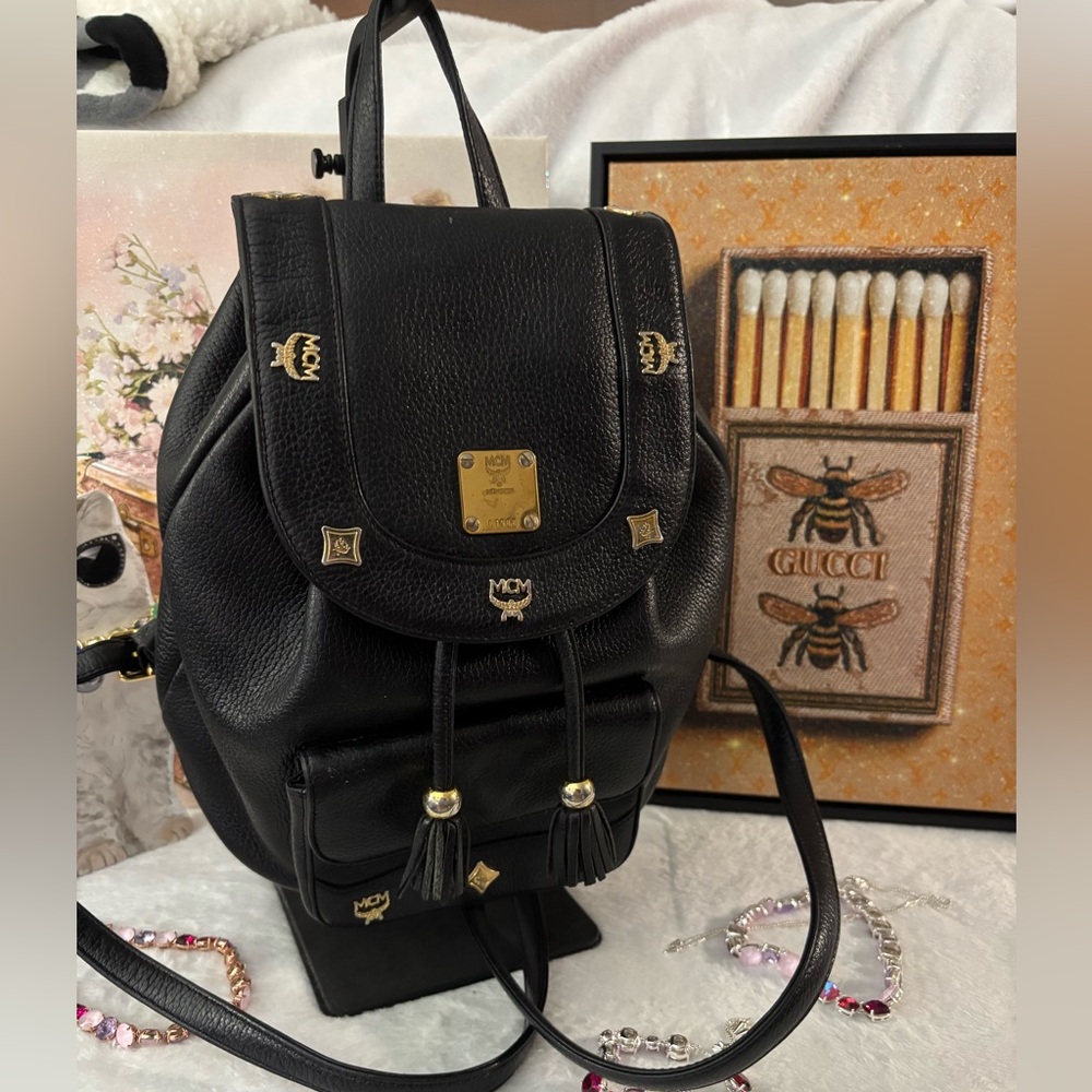 MCM Black Backpack with Gold Accents L1908
